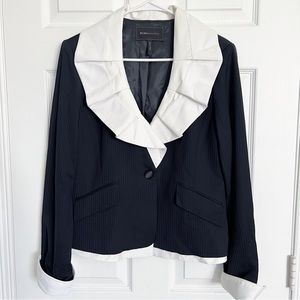BCBGMaxazria | Pinstripe Blazer Jacket White Ruffle Collar Wool Blend